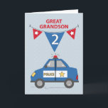 Großer Grandson 2. Geburtstag Blaue Polizeiwagen Karte<br><div class="desc">Dieses blaue Polizeiauto wird Ihren Urenkel sicherlich an seinem 2. Geburtstag begeistern. Mit zwei Jahren werden Autos und Rettungsfahrzeuge erkannt und geliebt. Über dem Polizeiauto hängt eine Hängelflagge mit seinem 2. Lebensjahr, die auf beiden Seiten mit Sternenflaggen versehen ist. Der Hintergrund hat subtile Punkte auf der hellblauen Farbe. Perfekte Karte,...</div>