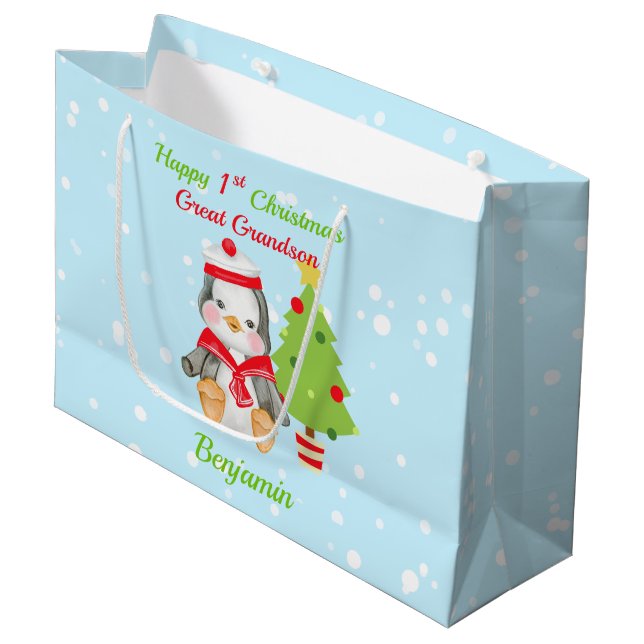 Großer Grandson Happy 1. Weihnachtspenguin Große Geschenktüte (Vorderseite Schrägansicht)