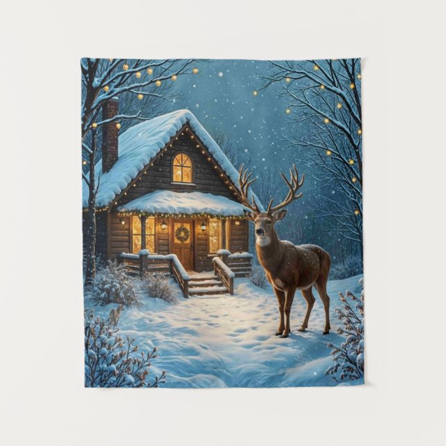 Großer Hirsch besucht Weihnachten im Schnee Wandteppich (Vorderseite)