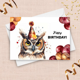 Großer Horned Owl Balloons und Party Hat Geburtsta Karte