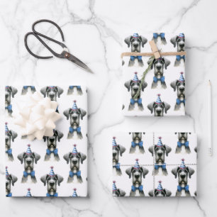 Großer Hund in einem winzigen Geburtstagshut und F Geschenkpapier Set