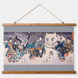 Großer Katzenschneemann, Kuniyoshi, Ukiyo-e Wandteppich Mit Holzrahmen
