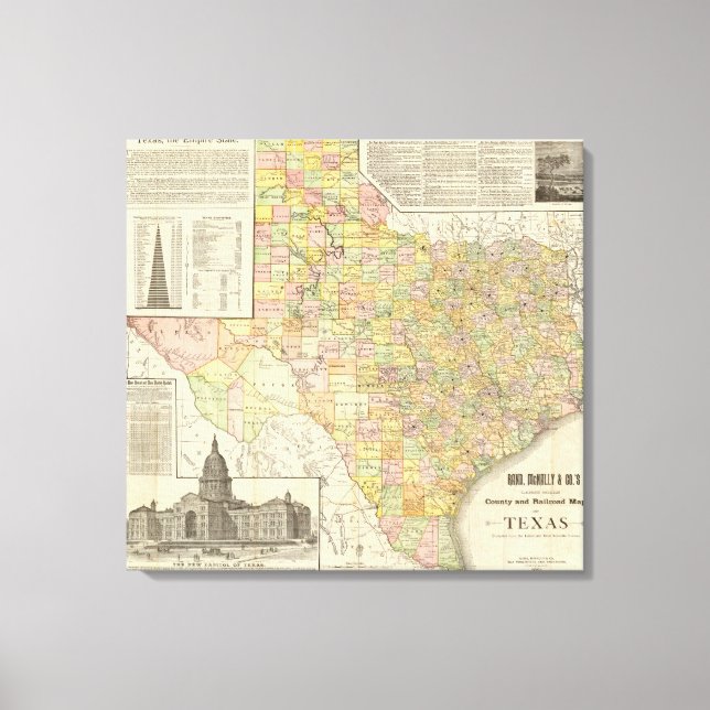 Grosser Landkreis- und Eisenbahnplan von Texas Leinwanddruck (Vorderseite)