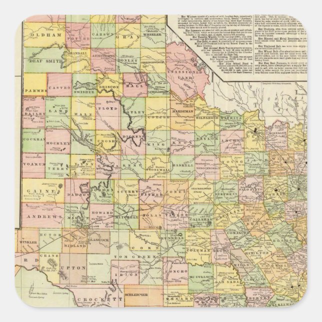 Grosser Landkreis- und Eisenbahnplan von Texas Quadratischer Aufkleber (Vorderseite)