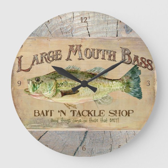 Großer Mund-Bass-Seeufer-Fischen-Kabinen-Holz Große Wanduhr (Vorderseite)