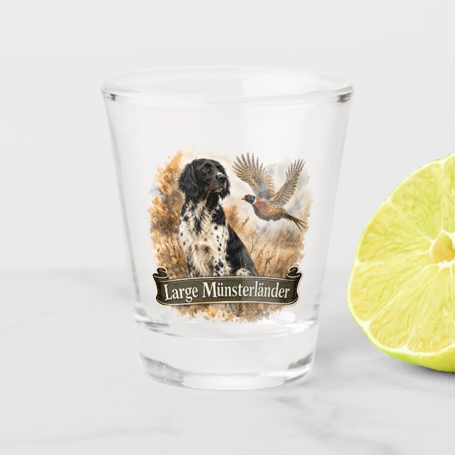 Großer Münsterländer mit Fasan Schnapsglas (Vorderseite)