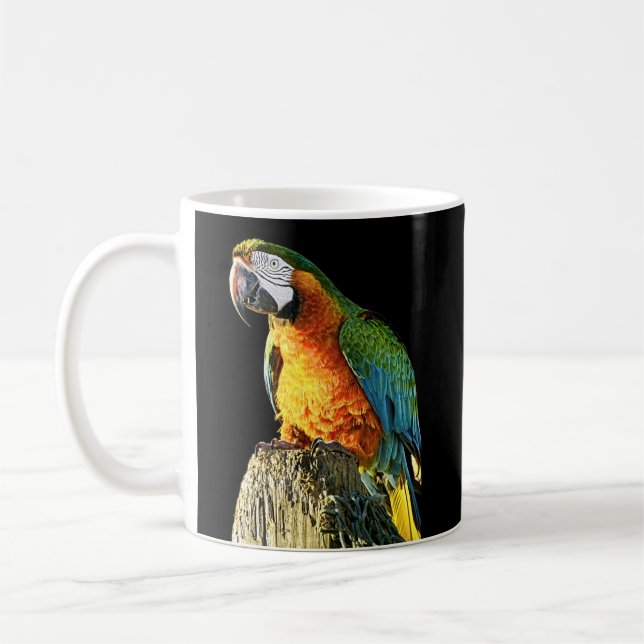 Großer orange und aquamariner Papagei auf einem Kaffeetasse (Links)