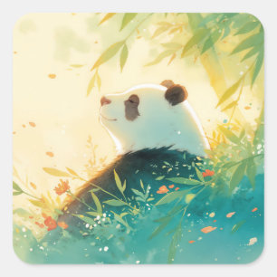 Großer Panda betrachtet sonnenbeschienenen Bambusw Quadratischer Aufkleber