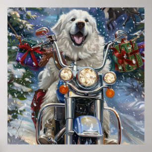 Großer Pyrenäen Hund fährt Motorrad Weihnachten Poster