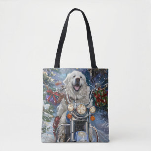Großer Pyrenäen-Hund fährt Motorrad Weihnachten Tasche