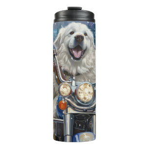 Großer Pyrenäen Hund fährt Motorrad Weihnachten Thermosbecher