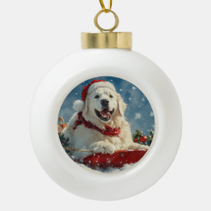 Großer Pyrenäen Hund im Schlitten Lass es schneien Keramik Kugel-Ornament