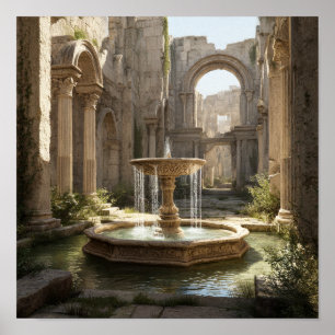 Grosser römischer Ruinenhof mit Verziertem Brunnen Poster