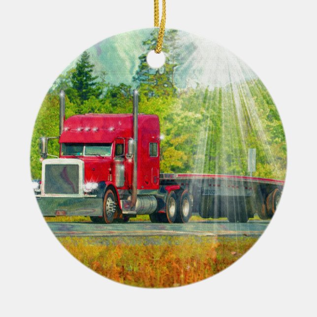 Großer roter Lkw Schwertransporter Keramikornament (Vorne)