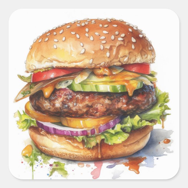 großer, saftiger Hamburger - Aquarell Quadratischer Aufkleber (Vorderseite)