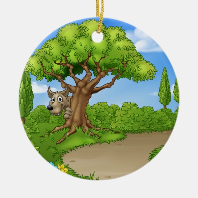 Großer schlechter Wolf, der vom Baum späht Keramikornament (Vorne)