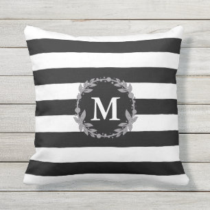Großer Schwarzweiss-Streifen-mit Monogramm Kissen Für Draußen
