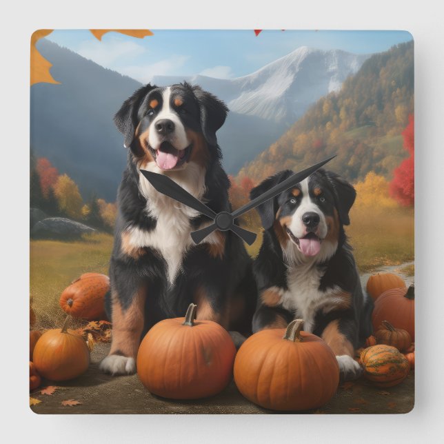 Grosser Schweizer Berggipfel Herbst Kürbisgeplänke Quadratische Wanduhr (Vorderseite)