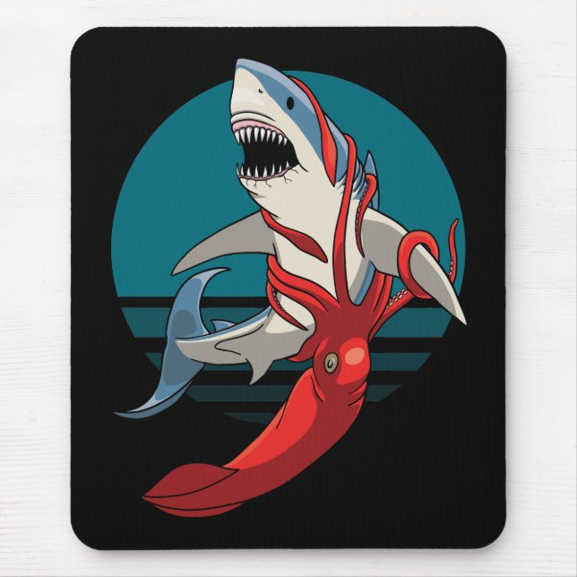 Großer Weißer Hai und Riesenfisch - Tintenfisch Mousepad (Vorne)