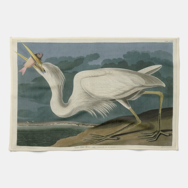 Großer Weißer Heron aus Audubons Vögeln Amerikas Geschirrtuch (Horizontal)