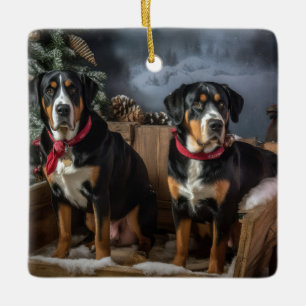 Größerer Schweizer Berg Schlitten Weihnachten Keramikornament