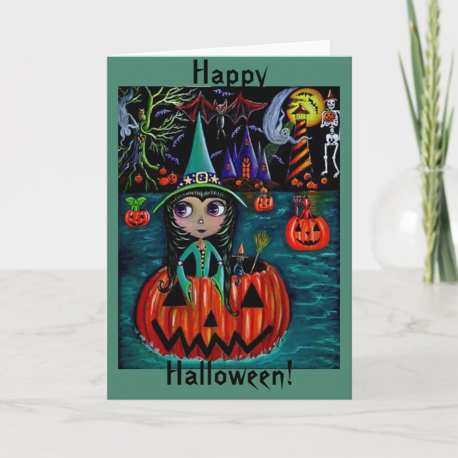 Großes Augen-Halloween-Hexe-Mädchen-Reiten in Karte (Vorderseite)