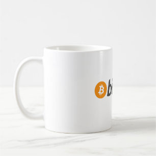 Grosses Bitcoin-Logo mit orangefarbenem Bitcoin-Sy Kaffeetasse