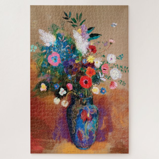 Grosses Bouquet in einer blauen Vase von Odilon Re (Vertikal)