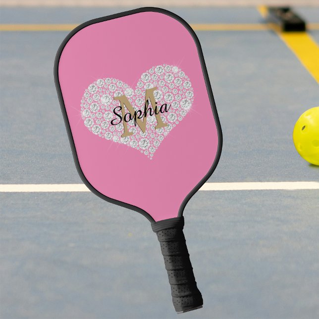Grosses Diamantherz, Goldmonogramm, Name, Rosa Pickleball Schläger (Von Creator hochgeladen)