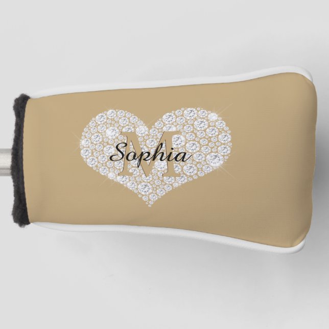 Grosses Diamantherz, Goldmonogramm, Skriptname Golf Headcover (Vorderseite)