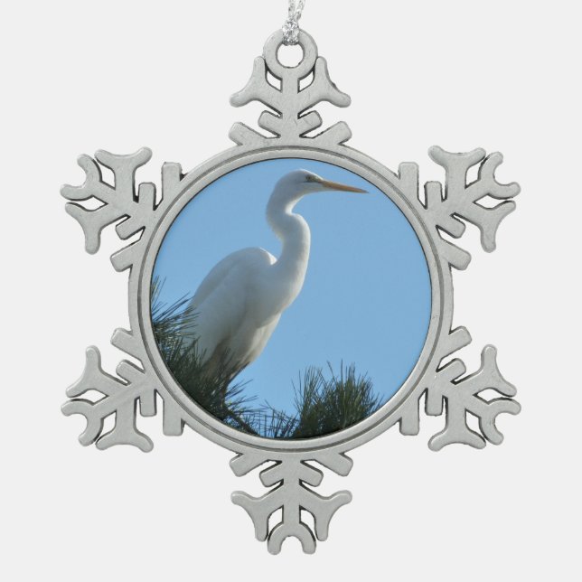 Großes Egret in Sunny Florida Schneeflocken Zinn-Ornament (Vorderseite)