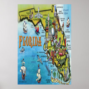Großes Florida Cartoons Map Poster