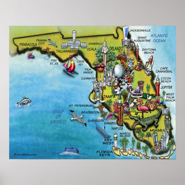 Großes Florida Cartoons Map Poster (Vorne)