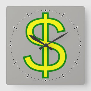 Großes gelbes und grünes Dollar-Zeichen ($) Quadratische Wanduhr