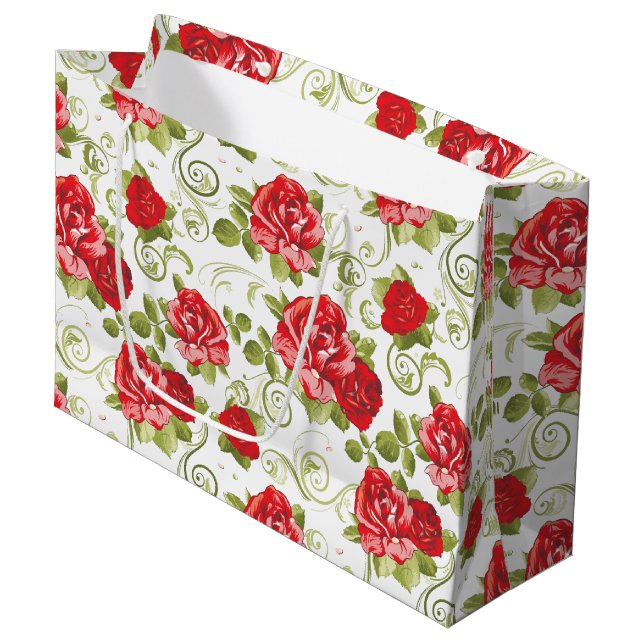 Großes Geschenktücher - Rote Rosen drucken Große Geschenktüte (Vorderseite Schrägansicht)