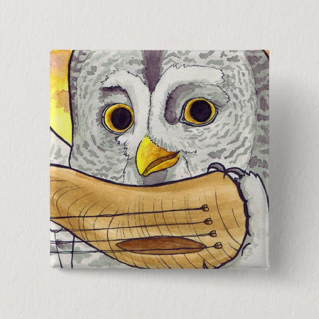 Großes Grau-Eule Hornlute Knopf Button (Vorderseite)