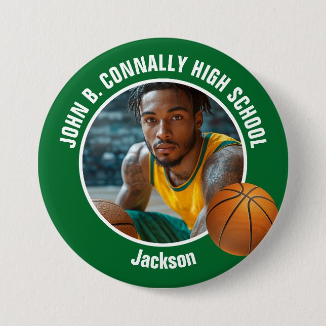 Großes grünes High-School-Basketballspieler-Foto Button (Vorderseite)