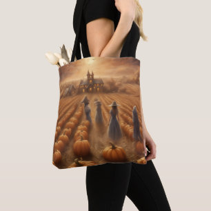 Großes Haus im Kürbisfeld Halloween Herbst Geschen Tasche