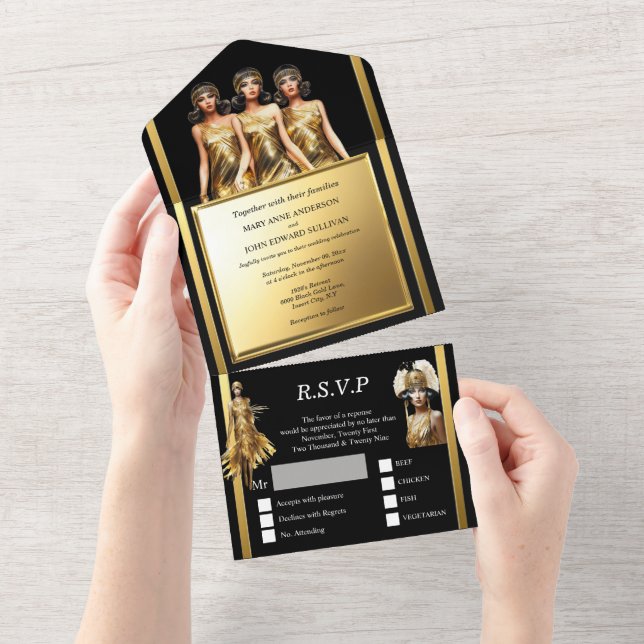 Großes Hochzeitsheim, rauschendes 20er Flapper-Mäd All In One Einladung (Abreißen)