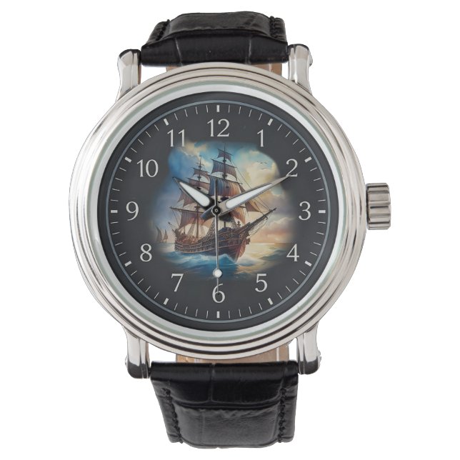 Grosses Holzschiff eWatch Armbanduhr (Vorderseite)