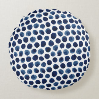 Großes Indigo/blaues Aquarell-Tupfen-Muster Rundes Kissen