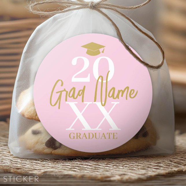 Grosses Jahr - Grad Name und Obergrenze - Rosa Gol Runder Aufkleber (Custom Graduation Sticker - Favor Stickers or Envelope Label)