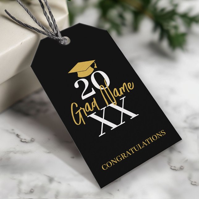 Grosses Jahr - Name und Obergrenze - Schwarzer Abs Geschenkanhänger (Custom Graduation Gift Tag - Modern Black and Gold Design)