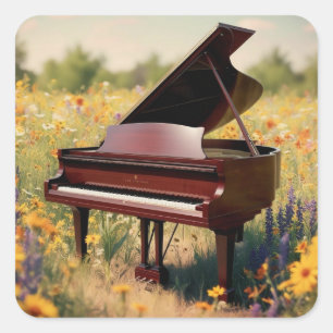 Großes Klavier auf einem Blumenfeld Quadratischer Aufkleber