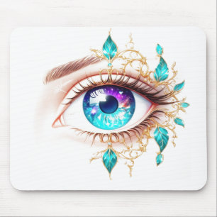 Großes lila/blaues Auge umgeben von Pflanzenblätte Mousepad