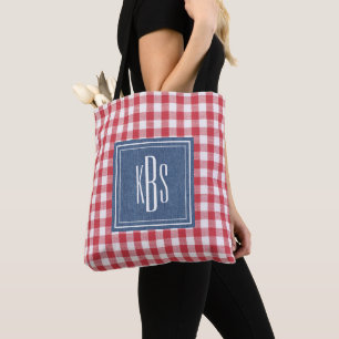Großes Monogramm auf rotem und weißem karierten Sc Tasche