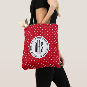 Großes Monogramm auf roter weißer Schweizer Punkte Tasche
