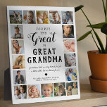 Großes Oma-Foto Fotoplatte<br><div class="desc">Personalisierte Urgroßmutter-Foto-Plakette mit dem niedlichen Sprichwort "Sie legen die Urgroßmutter", 18 Bildern der Enkel, ihren Namen und der süßen Beschriftung "Großmassen halten unsere kleinen Hände nur eine Weile, aber unsere Herzen für immer".</div>