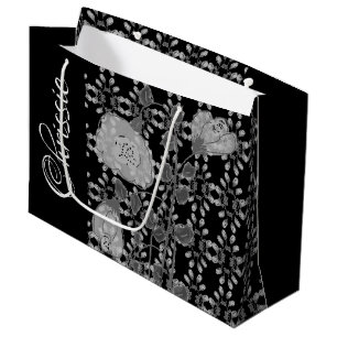 Grosses Papier aus schwarzem und grauem Blumenpapi Große Geschenktüte
