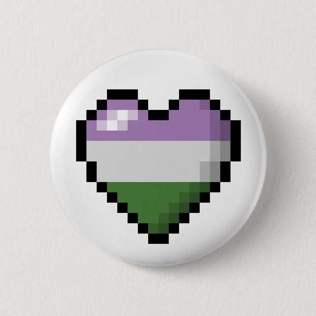 Großes Pixel Herzdesign im Genderqueer-Pride-Flag Button (Vorderseite)